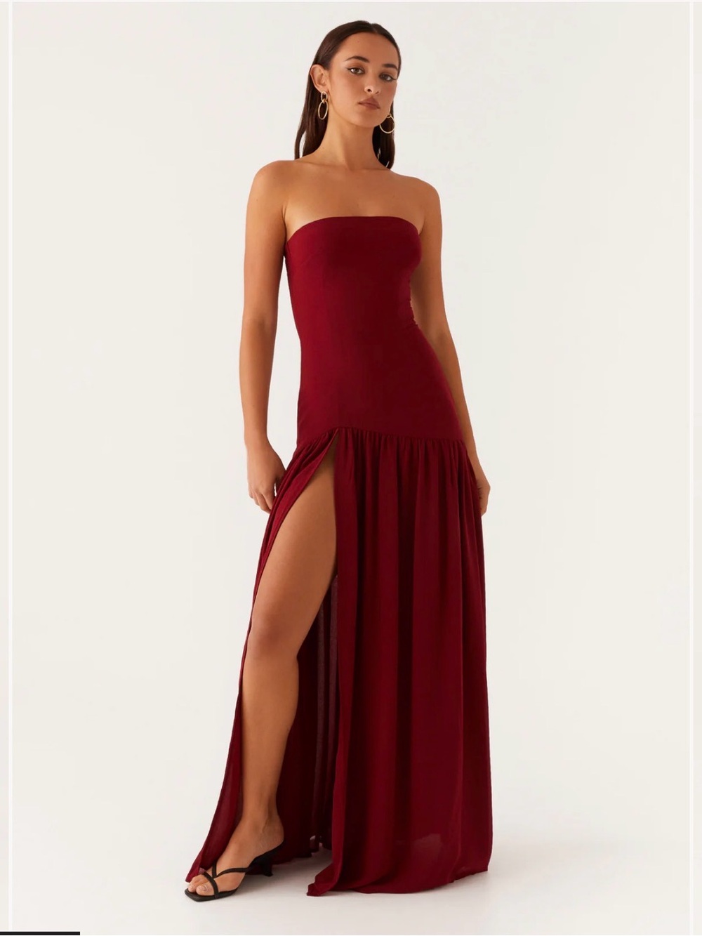 Strapless Burgundy Maxi Dress with High Slit